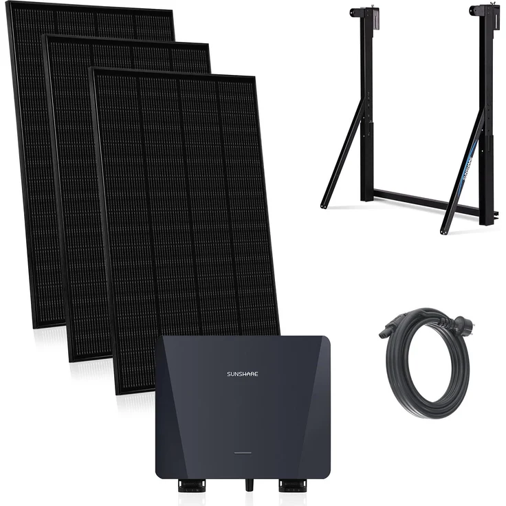SUNSHARE Ray 600 W Balkonkraftwerk, Komplettset mit 3 x 200 W Modulen, 800 W Inverter und bohrfreier Universalhalterung, schwarz