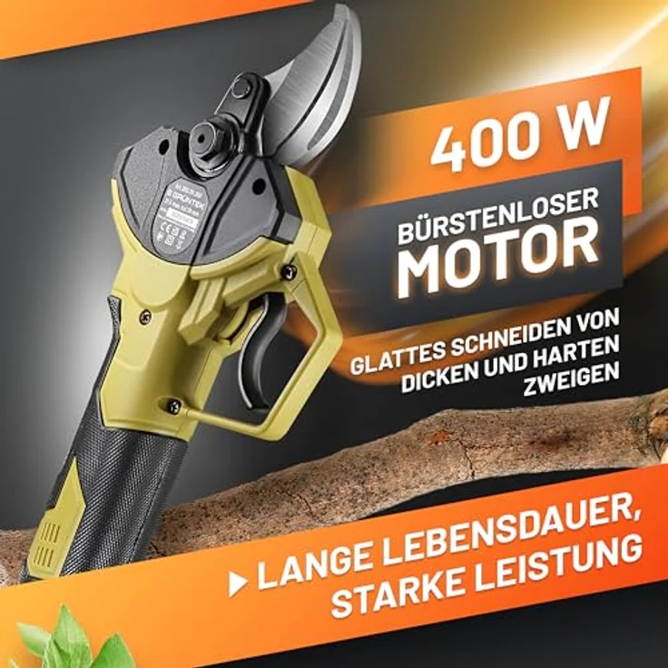 GRÜNTEK Akku Astschere 21V 2Ah Brushless, 400W bürstenloser Motor, SK5 Klinge, bis 30 mm Schnittdurchmesser, mit LCD-Display und Komplett-Set im Koffer – Bild 3