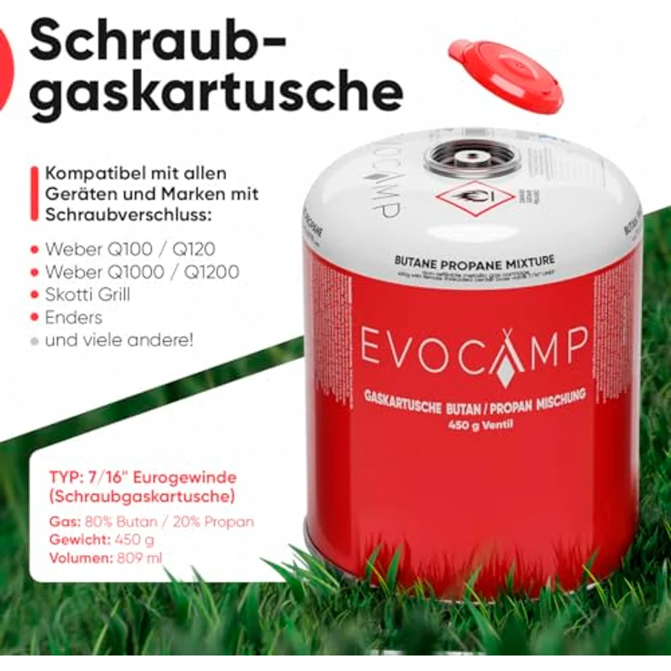 EVOCAMP 8x Propan Butan Gaskartuschen 450g, Schraubkartusche mit Sicherheits-Verschlussautomatik, kompatibel mit Weber Q100/1000-Serien, Eurogewinde 7/16" – Bild 2