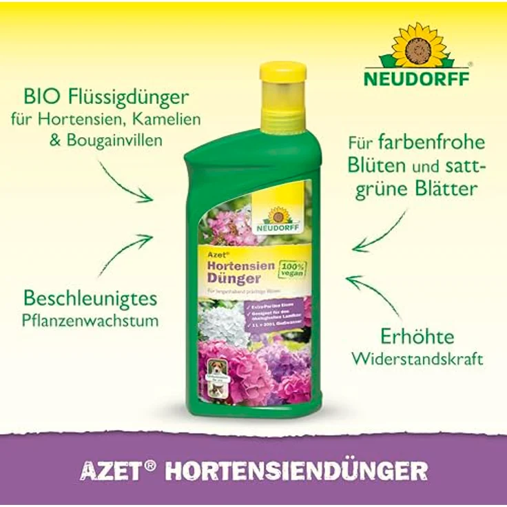 Neudorff Azet HortensienDünger, Bio Blumendünger 1L für 200L Gießwasser, 100 % organisch und vegan, hoher Kaliumgehalt mit Extra Eisen für prächtig blühende Hortensien – Bild 2