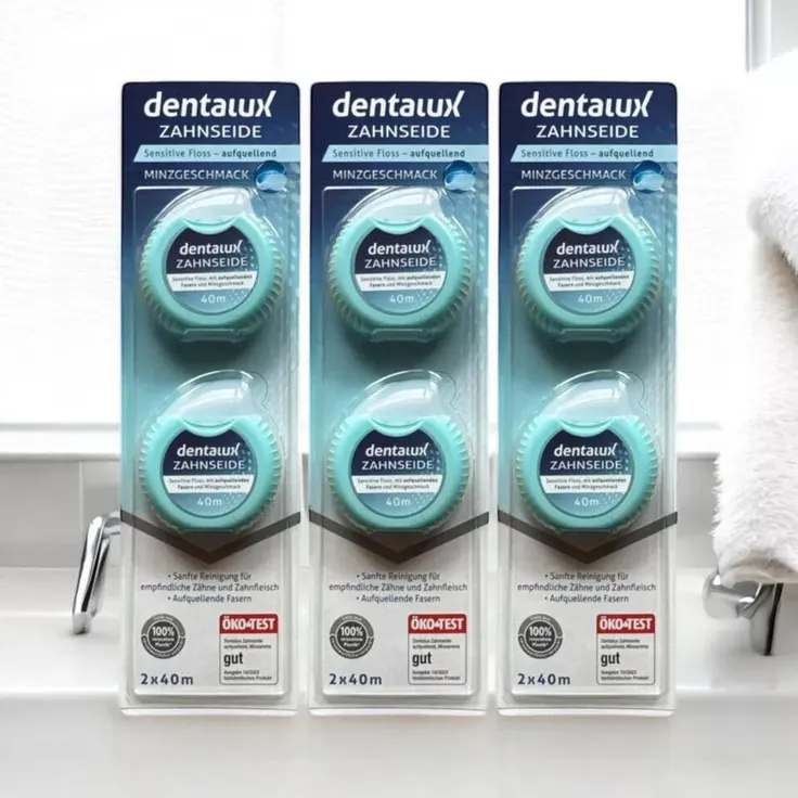 6x Dentalux Zahnseide 40m – Minz Aroma, Aufquellende Fasern für gründliche Zahnreinigung