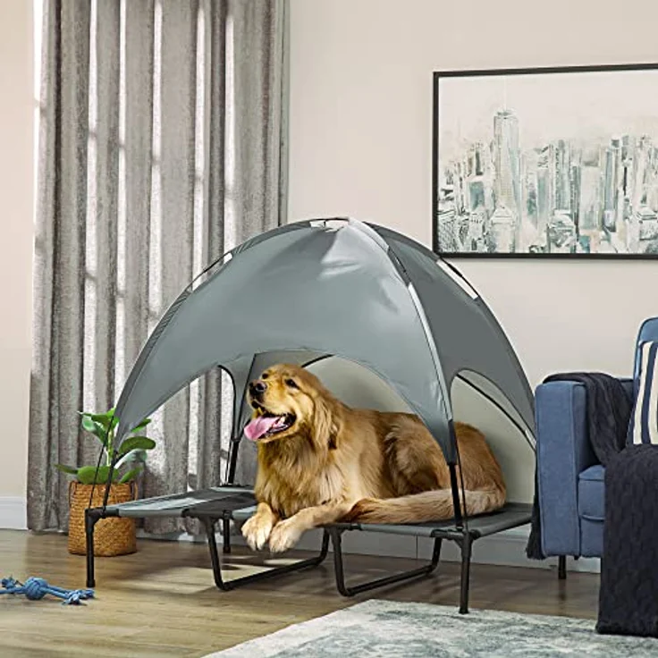 Pawhut Haustierbett mit Baldachin, Erhöhtes Hundebett, Hundeliege Outdoor mit Dach, Atmungsaktiv, Taftstoff Grau 122 x 92 x 108 cm – Bild 2