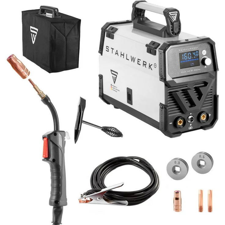 STAHLWERK Fülldrahtschweißgerät FLUX 160 ST Digital mit 160 A, 40 - 160 A, Packung, synergischem Drahtvorschub, Lift TIG und MMA Funktion, in blau - Preisvergleich – Bild 1