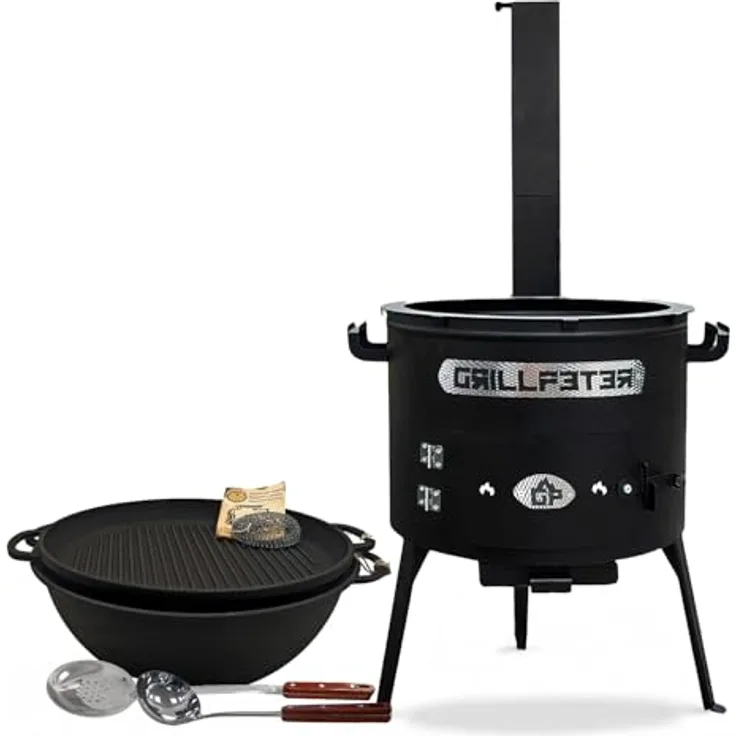 Grillpeter Utschak Asamat Ø45 cm, Holzkohlegrill mit Kazan 18L und gusseisernem Grilldeckel, Zubehör inklusive