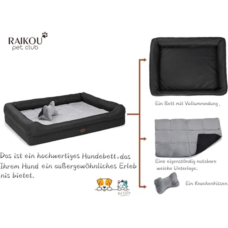 RAIKOU Hundebett mit abnehmbarem Kissen, gepolstert und waschbar – Schwarz, orthopädische Matratze mit Armlehnen und rutschfester Basis - 120 * 90 * 10cm – Bild 3