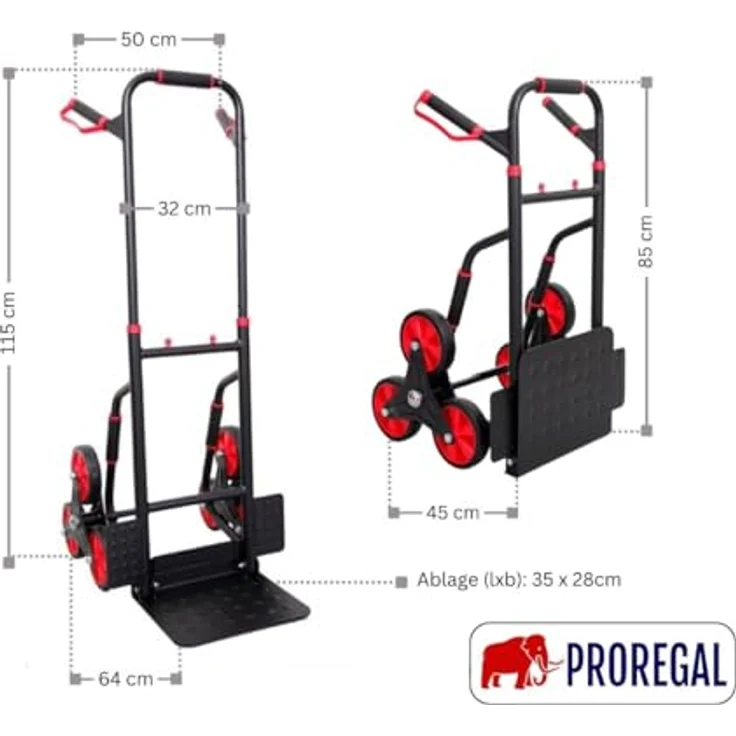 PROREGAL® Treppensackkarre TAURUS 250kg Stahlrahmen ergonomische Griffe Gummiräder, pulverbeschichtet rot/schwarz – Bild 3