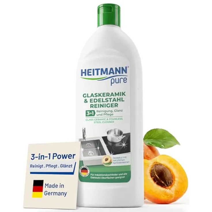 HEITMANN Glaskeramik- und Edelstahl Reiniger 250ml - Intensivreiniger für Kratzschutz, ideal für Induktionskochfelder, Chrom und Messing