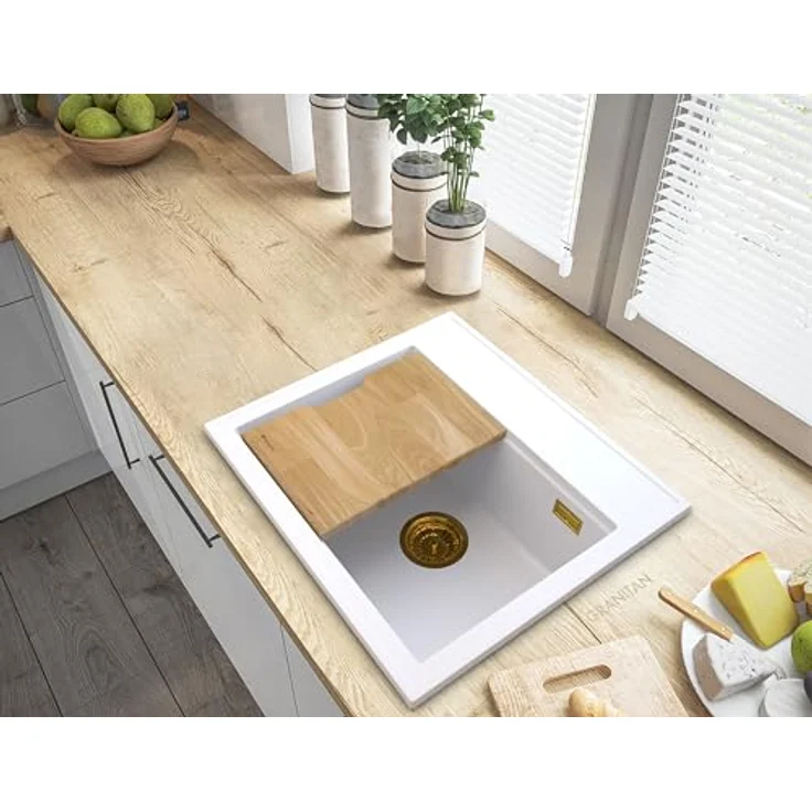 Granitan SALIX Küchenspüle, Granit Unterbauspüle mit manuellem Siphon, langlebig und temperaturbeständig, inkl. Spülenabdichtung und Küchenbrett aus Holz – Bild 2