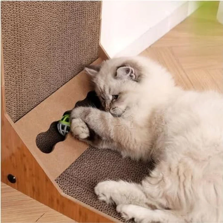 QLS Katzenkratzbrett aus Wellpappe und MDF, L-förmig, mit Spielball und Katzenminze, für große und kleine Katzen – Bild 4