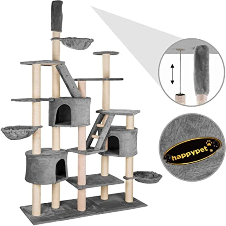 HAPPYPET Großer Kratzbaum deckenhoch XXL 240-260 cm höhenverstellbar - Großer katzenbaum, XXL Kletterbaum für mehrere Katzen, stabile Säulen, Liegemulden, Häuser, mit Zubehör, Grau – Bild 5
