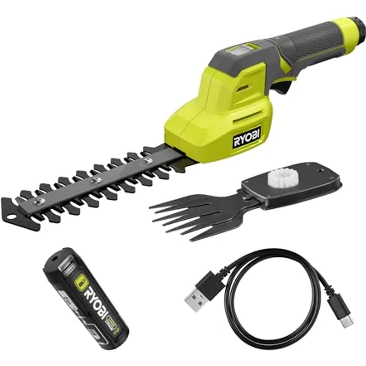 RYOBI RY4CGSA-120, 4 V Akku-Gras- & Strauchschere, 2-IN-1 mit 2,0 Ah Akku und USB-C Ladekabel, werkzeugloser Klingenschnellwechsel, leicht und kompakt