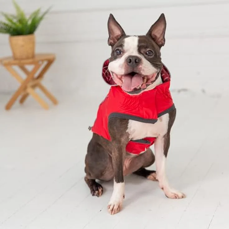 GF Pet Hunderegenmantel Elasto-Fit Wendemantel für Hunde wasserdichte Kapuzenjacke - Rot Plaid - Klein – Bild 5