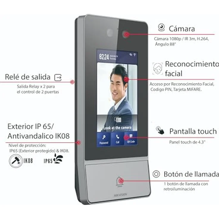Hikvision KV9 IP-Video-Türstation, 2 Megapixel Kamera mit Zwei-Wege-Audio, 4.3" IPS Touchscreen, IP65, PoE, Aufputzmontage, Mobile App, Gesichtserkennung, MF-Karte, QR und PIN, 2 Relais – Bild 4