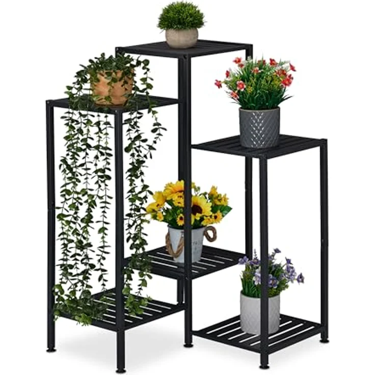 Relaxdays Blumenregal aus Metall, 6 Ablagen für Blumen-& Pflanzentöpfe, Pflanzentreppe, HBT: 81 x 55 x 55 cm, schwarz - Stabiles und modernes Blumenregal für Innen- und Außenbereiche – Bild 1