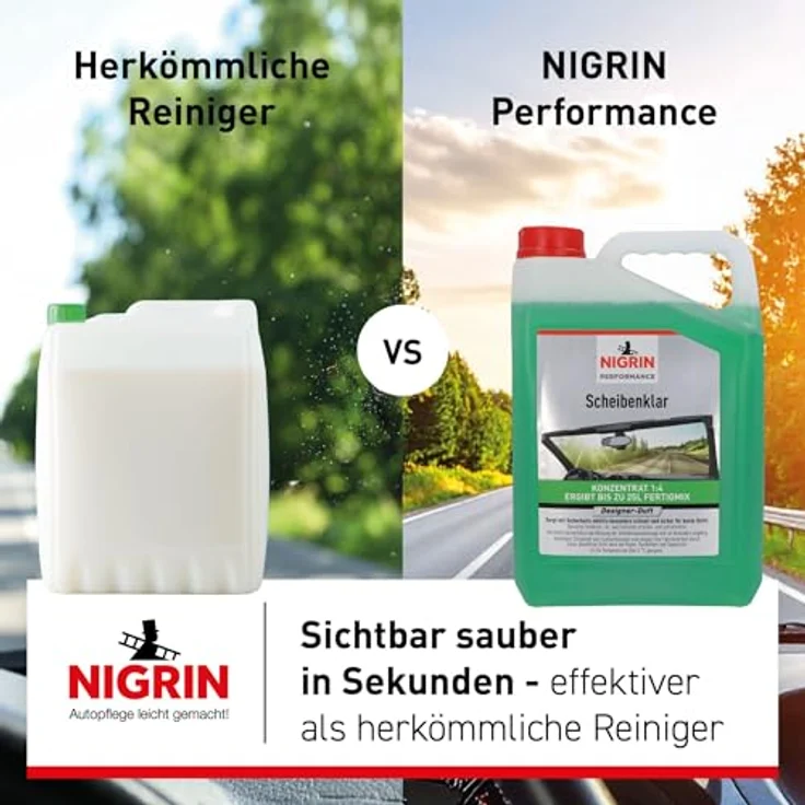 NIGRIN Scheibenklar Konzentrat 1:4, Reinigungszusatz für Autoscheiben und Scheinwerfer, 5 Liter, entfernt Insekten, Öl und Fett streifen- und schlierenfrei, mit Griffmulde, ab 5°C, Designer Duft – Bild 2