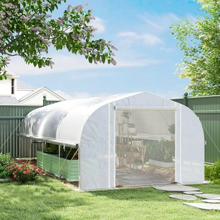 Outsunny Gewächshaus 6 x 3 x 2 m Foliengewächshaus mit 8 Fenster & Tür, Aufrollbar Seitenwänden, UV-beständiger Folientunnel Tomatenhaus mit verzinkten Stahlrahmen, Weiß – Bild 2