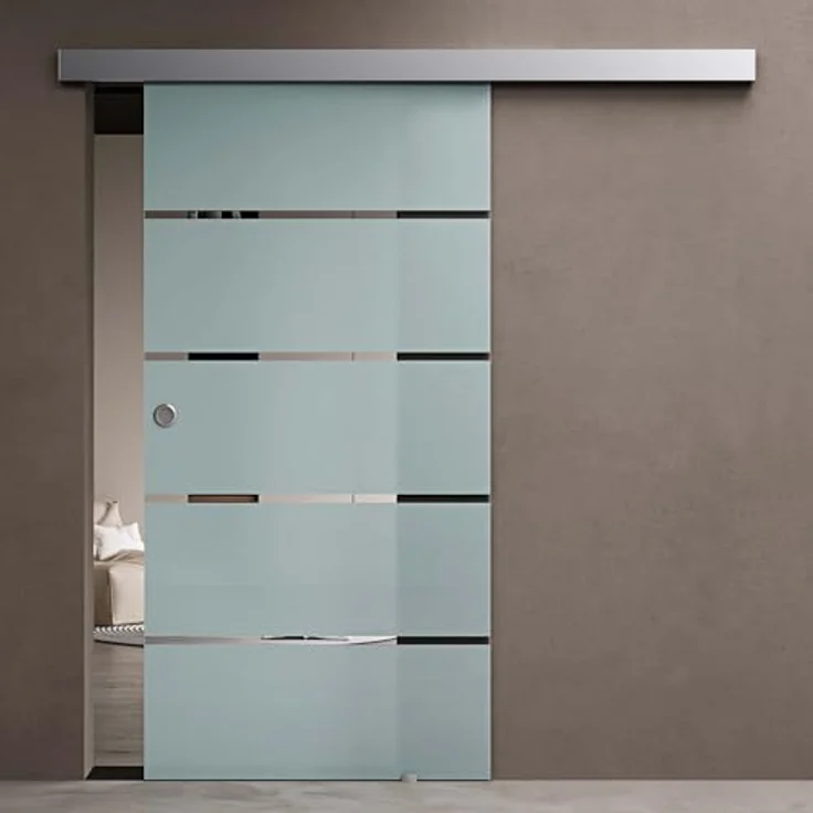 doporro Glasschiebetür Komplettset Softclose 90 x 215 cm | 15mm Wandabstand | ESG-Sicherheitsglas 8mm satiniert | Milchglas-Streifen | Muschelgriff | Amalfi-plus 11H – Bild 2