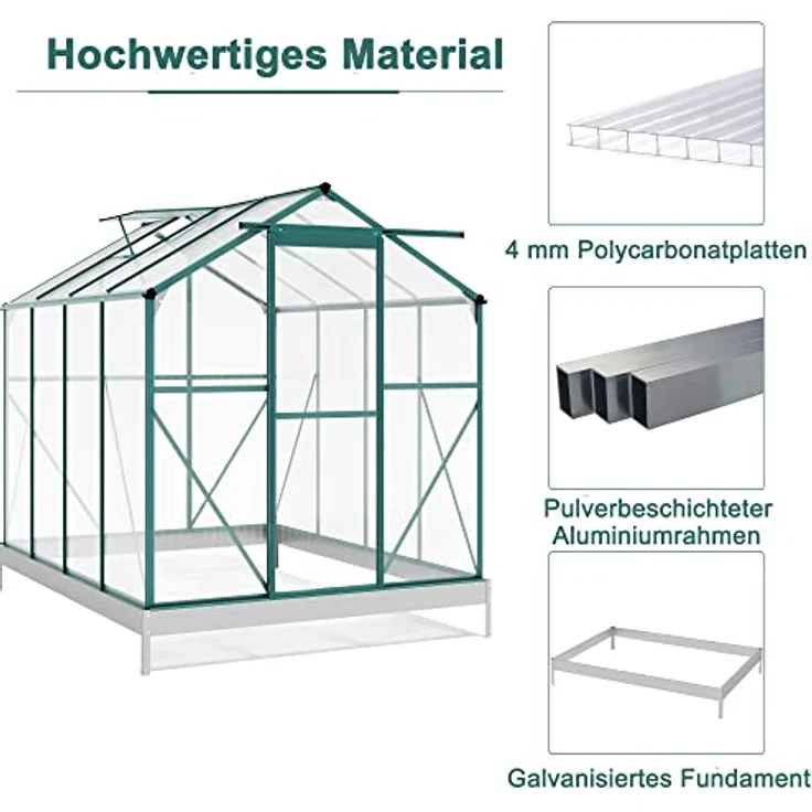 Thanaddo Gewächshaus Aluminium Gewächshaus, Treibhaus Gartenhaus, Pflanzenhaus 4,8m², Grün/Silber, mit großer Schiebetür und Dachfenstern – Bild 3