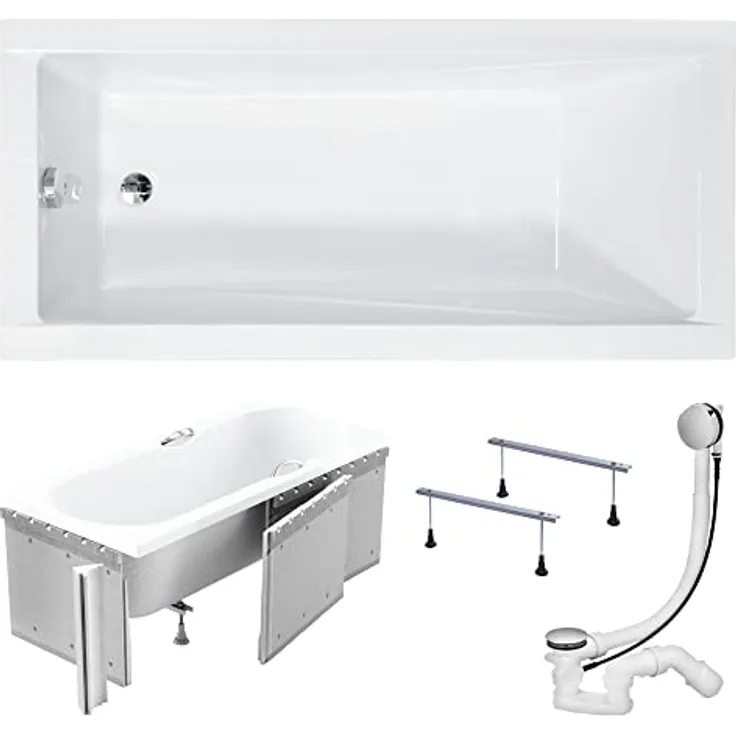 KOLMAN Badewanne Rechteck Modern 180x80 mit Styroporverkleidung - Ablaufgarnitur VIEGA & Füße