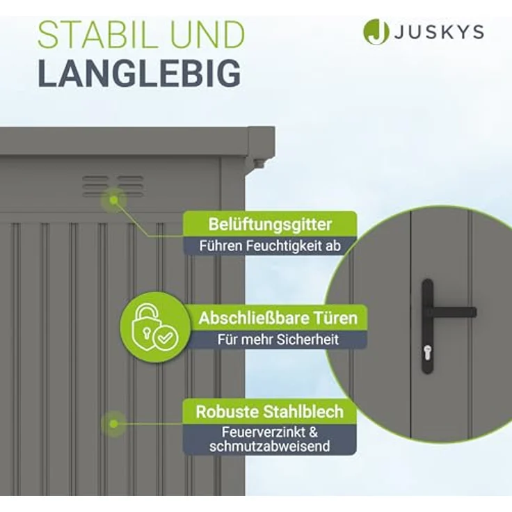 Juskys Gerätehaus Luzern 5,3 m² - Metall Geräteschuppen mit Türen & Fenstern - wetterfest & abschließbar - Fahrradgarage, Gartenhaus - Taupe – Bild 3