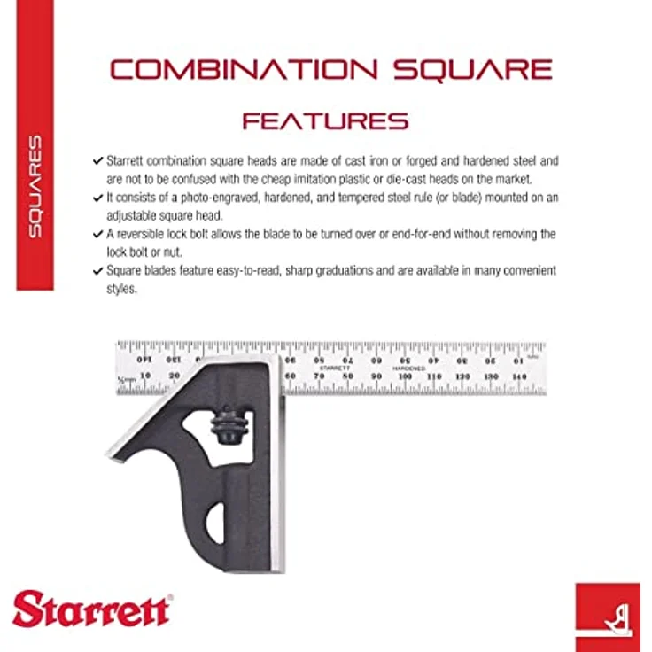 Starrett 10MH-150 Kombinationswinkel mit Winkelaufsatz, 150 mm, Metrisch – Bild 2