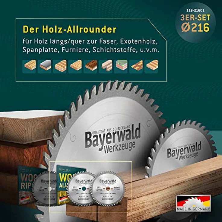 Bayerwald Kreissägeblatt Set Ø 216 (3 tlg.) - für NE-Metall & Holz - geeignet für Tischkreissägen z.B für Bosch GTS 635 und Metabo TS 216 uvm. – Bild 3