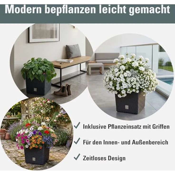 Prosperplast Blumentopf mit Einsatz und Bewässerungssystem, wetterfest und UV-beständig, anthrazit, robust aus Kunststoff, 26,2 x 26,2 x 26,6 cm – Bild 2