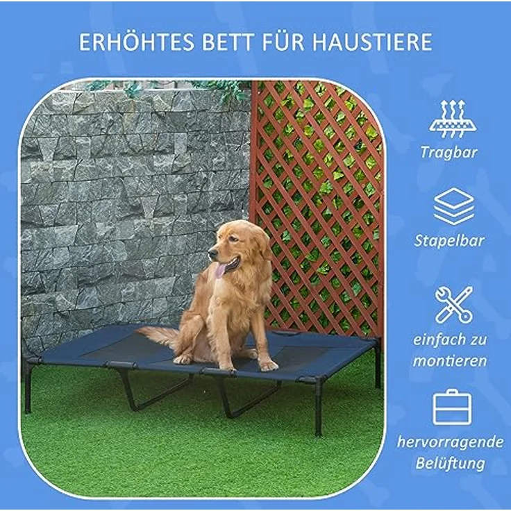 PawHut Hundebett Outdoor Hundeliege Outdoor Katzenbett Haustierbett Schlafplatz Metall Oxford-Gewebe Dunkelblau 122 x 92 x 23 cm – Bild 4