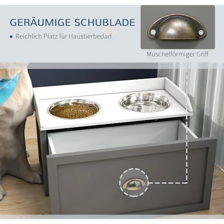 PawHut Hundenapf, 2 x 2L Futternapf, erhöhter Fressnapf mit Schublade, Edelstahlnapf, Futterstation für große Hunde, Grau – Bild 4