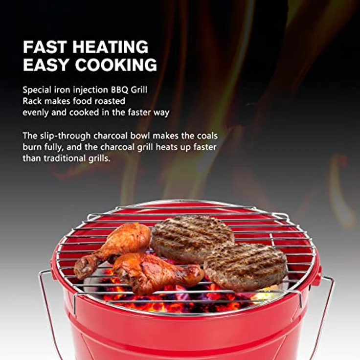 Uten Grill Tragbarer Grilleimer mit Griff, Leckeres BBQ, Picknickgrill mit Großer Grillfläche, Holzkohle, Durchmesser 27,5 cm, Geeignet für 1-4 Personen, Rot – Bild 2