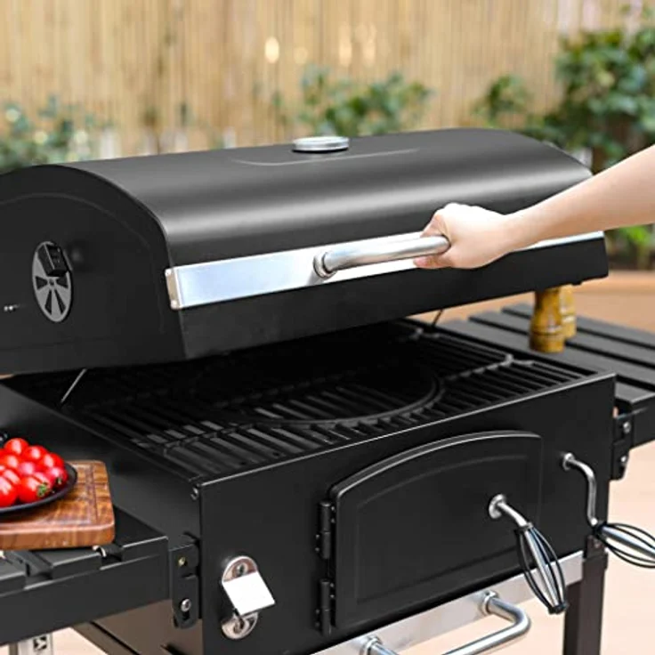 Alice's Garden Holzkohlegrill Bernard Schwarz - Räuchergrill mit Aschesammler, Belüftern, verstellbarem Holzkohlebehälter und Klappregalen - Schwarz – Bild 3