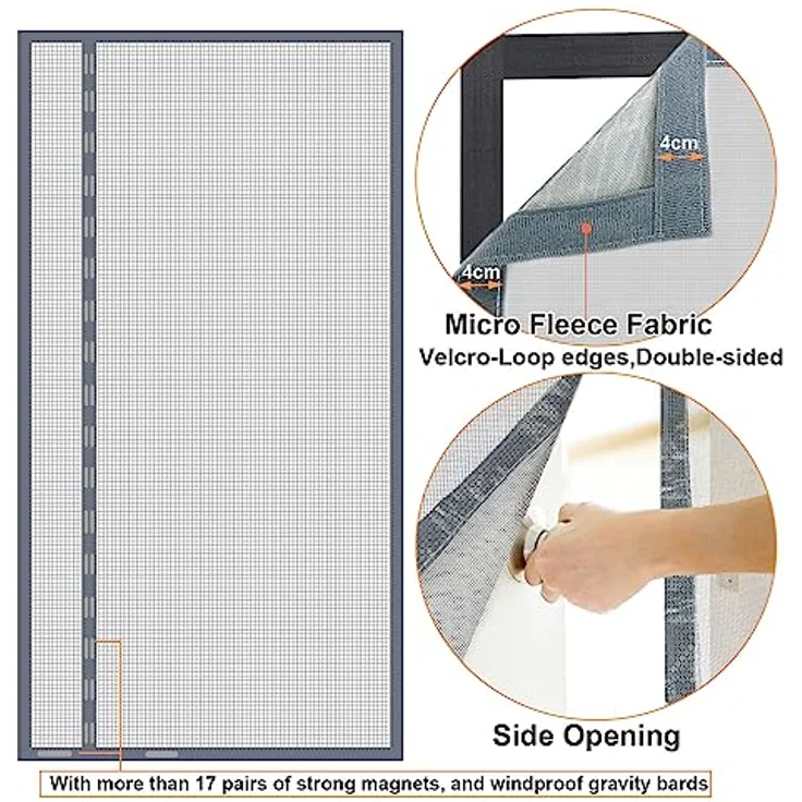 Risareyi Seitliche Öffnung Fliegengitter Tür Magnet, 205x205cm, Grau, Fiberglas Netz, Insektenschutz ohne Bohren für Balkontür und Terrassentür – Bild 3