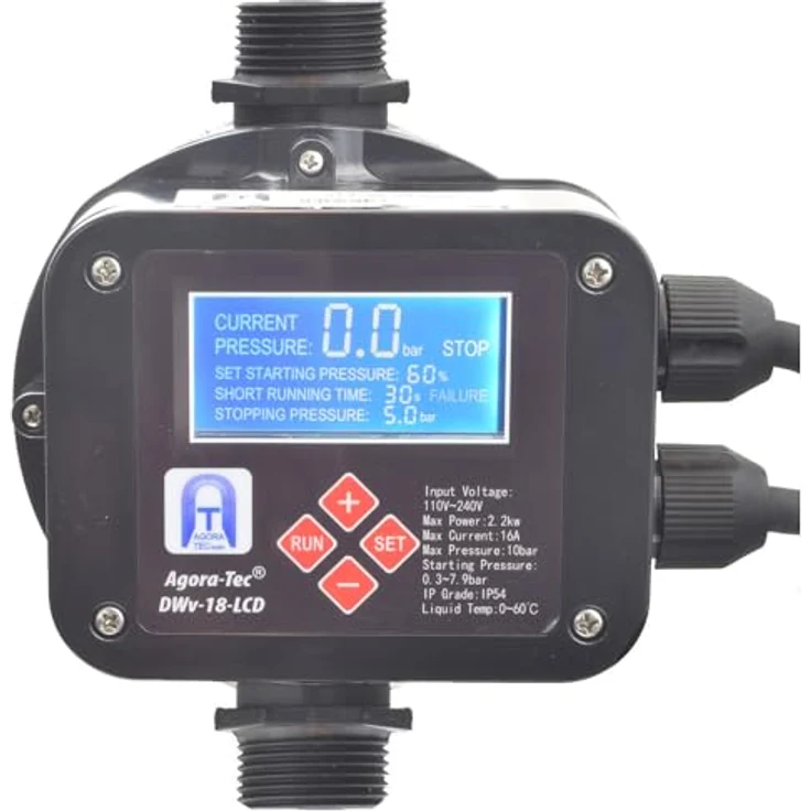 Agora-Tec® Pumpensteuerung Druckschalter Durchflusswächter DWv-18-LCD verkabelt, mit Trockenlaufschutz, Überdrucküberwachung, Leckageanzeige, für Hauswasserwerke – Bild 1