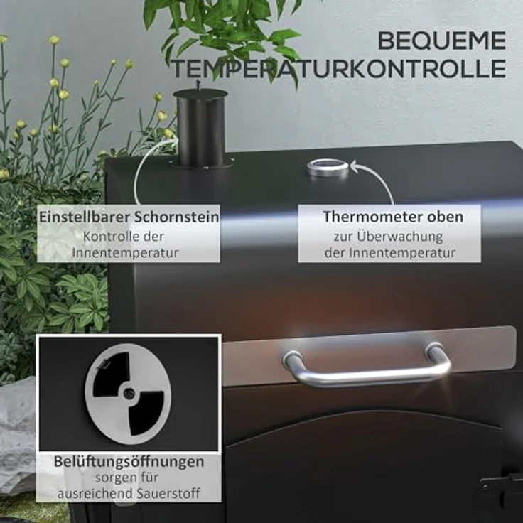 Outsunny Holzkohlegrill BBQ Gartengrill mit Deckel und Ablagen Campinggrill mit Smoker Warmhalteplatte Regale Gartenparty Transportrollen Metall Schwarz 124 x 66 x 112 cm – Bild 4