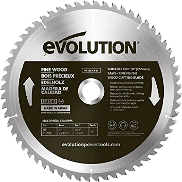 Evolution FW255TCT-60 - 255 mm feines Holzsägeblatt - Hartmetallbestücktes Sägeblatt mit 60 Zähnen liefert die glattesten und schnellsten Schnitte in Platten, Sperrholz und Hartholz