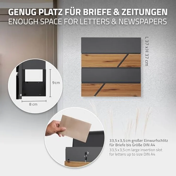 ECD Germany Standbriefkasten mit Zeitungsfach, silberner Edelstahl-Briefkasten mit pulverbeschichteter anthrazit Holzoptik und großzügiger Einwurföffnung – Bild 5