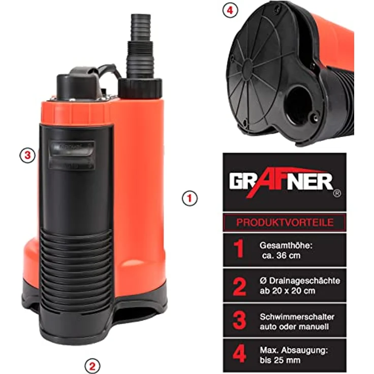GRAFner Schmutzwasser Drainage Tauchpumpe 400 Watt 7500L-h SP11011 – Bild 3