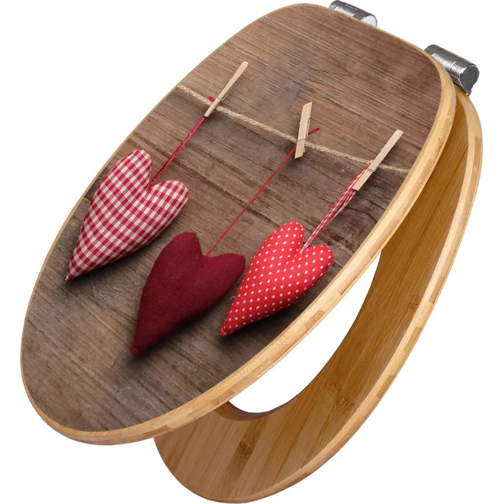 Banjado WC Sitz Bambus Holz Toilettendeckel mit Absenkautomatik, Soft Close und Herzen-Motiv, 45,8x37,5cm