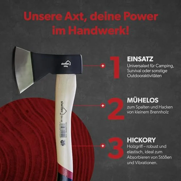 siwitec Holzaxt SH-80, Spaltaxt mit 800 Gramm Kopfgewicht, Axt zum Holz spalten mit Hickory-Stiel und C45 Carbon Klinge, Beil, Universalaxt – Bild 3