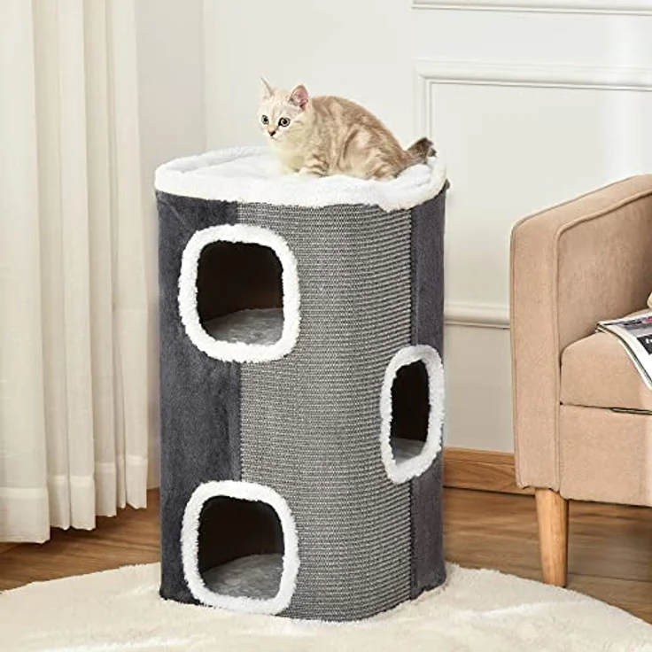 PawHut Kratztonne für Katzen Katzenkratzbaum 3 Ebenen Katzenbaum Kletterbaum für Katzen Katzenmöbel Spanplatte samtartiges Polyester Sisal Grau+Weiß 40 x 40 x 74 cm – Bild 2