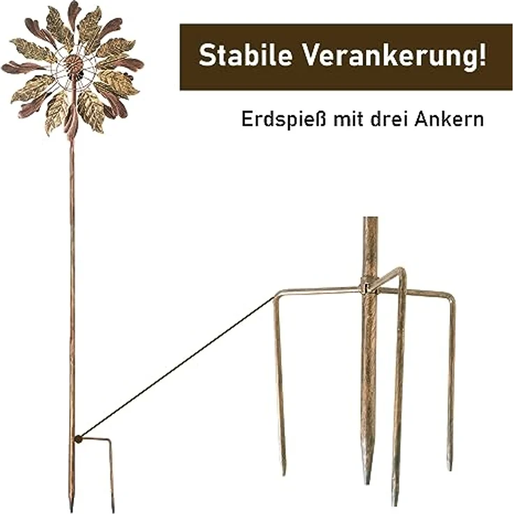 LEMODO Windrad Leaves mit gegenläufigen Rotoren | Gartendeko 213 cm hoch | Windmühle in Kupferoptik | Windskulptur mit Charme | Gartenstecker als Garten-Highlight – Bild 4