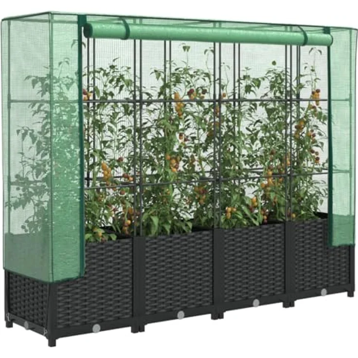 vidaXL Hochbeet mit Gewächshaus-Aufsatz, Pflanzbeet mit Eisenrohr-Rahmen, Rattan-Optik – Bild 2