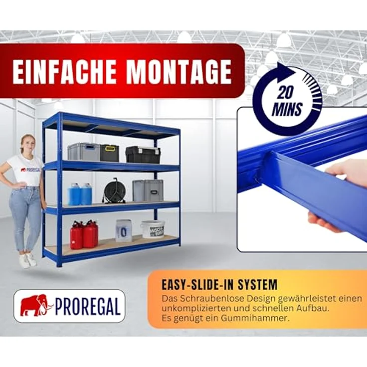 Proregal Schwerlastregal DINO, 180 x 200 x 60 cm, Traglast 500 kg pro Boden, 4 Böden, Blau – Bild 5