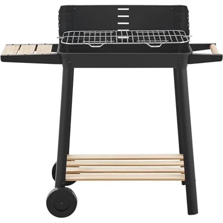 casa.pro Grillwagen Ari Holzkohlegrill BBQ Grillrost aus emailliertem Edelstahl Gartengrill 2 Räder Windschutz mit Grillrosthöhenverstellung 78x86x30cm Schwarz/Holz – Bild 4