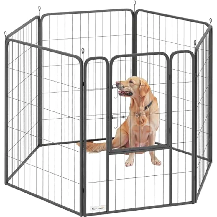 PawHut Welpenlaufstall 6-eckig, faltbares Freilaufgehege mit 6 Gitterplatten und Tür, 100 cm hoch, für Hunde und Katzen, drinnen und draußen – Bild 1