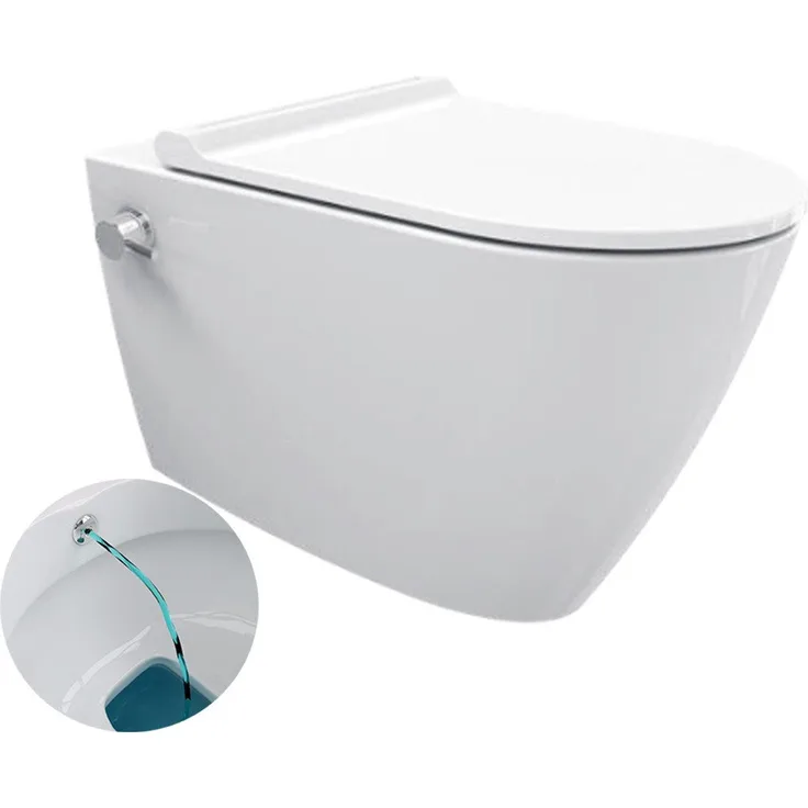 Ekershop Dusch-WC ALESTA TAHARET Spülrandloses Hänge WC integr. Kalt Armatur mit Deckel, Wandhängend, Abgang Waagerecht, Antibakteriell, Anti-Kalk, Taharet Wand WC, WC-Sitz mit Absenkautomatik, Nano-Versiegelung (Farbe: Weiß)