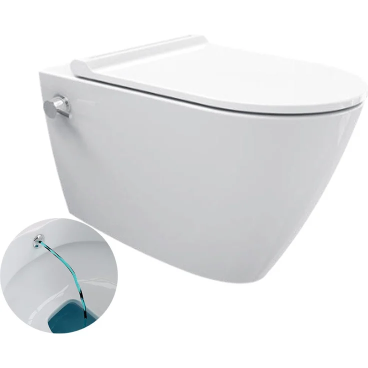 Ekershop Dusch-WC ALESTA TAHARET Spülrandloses Hänge WC integr. Kalt Armatur mit Deckel, Wandhängend, Abgang Waagerecht, Antibakteriell, Anti-Kalk, Taharet Wand WC, WC-Sitz mit Absenkautomatik, Nano-Versiegelung (Farbe: Weiß) – Bild 1