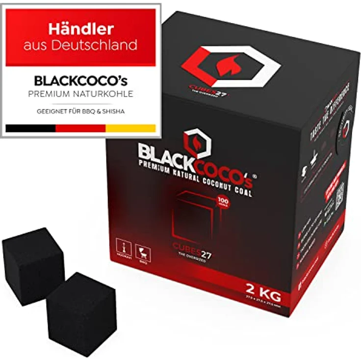 BLACKCOCO's CUBES27+ Shisha Kohle 2KG, Natürliche Kokosnuss Kohle mit langer Brenndauer für Wasserpfeife & Grill, raucharm und chemiefrei – Bild 2