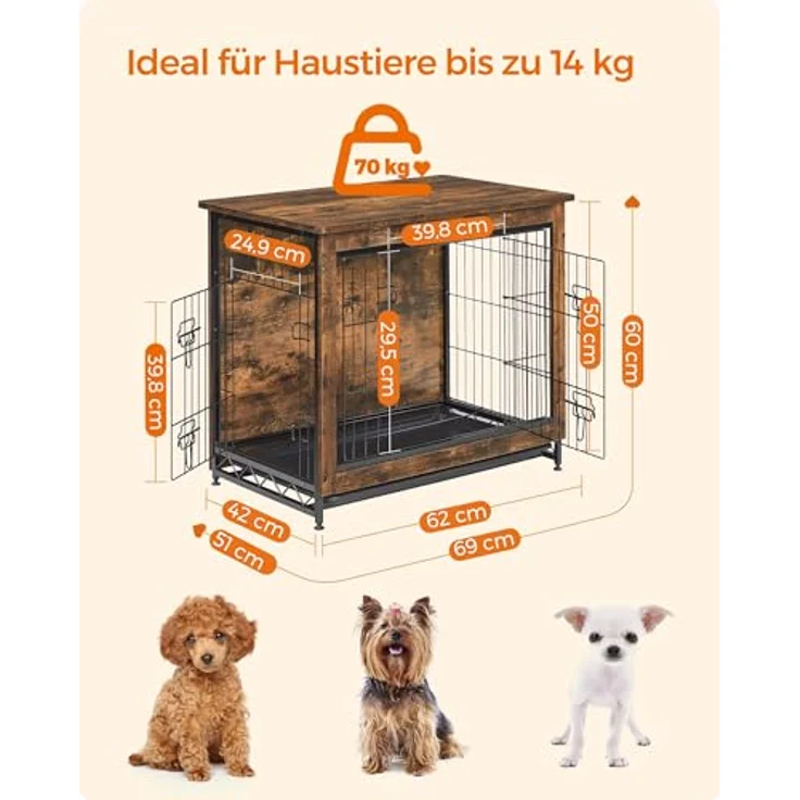 Feandrea Hundekäfig Möbel, Beistelltisch, Hundebox, moderne Hundehütte Indoor für Hunde bis zu 14 kg, vintagebraun, hochbelastbar – Bild 5