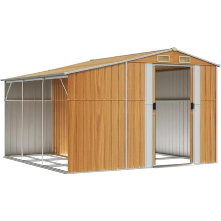 vidaXL Gerätehaus, Gartenhaus mit Schrägdach Griffe, Gartenschuppen Schuppen mit Stauraum, Geräteschuppen Metallschuppen, Hellbraun 277x279x179 cm Verzinkter Stahl – Bild 3